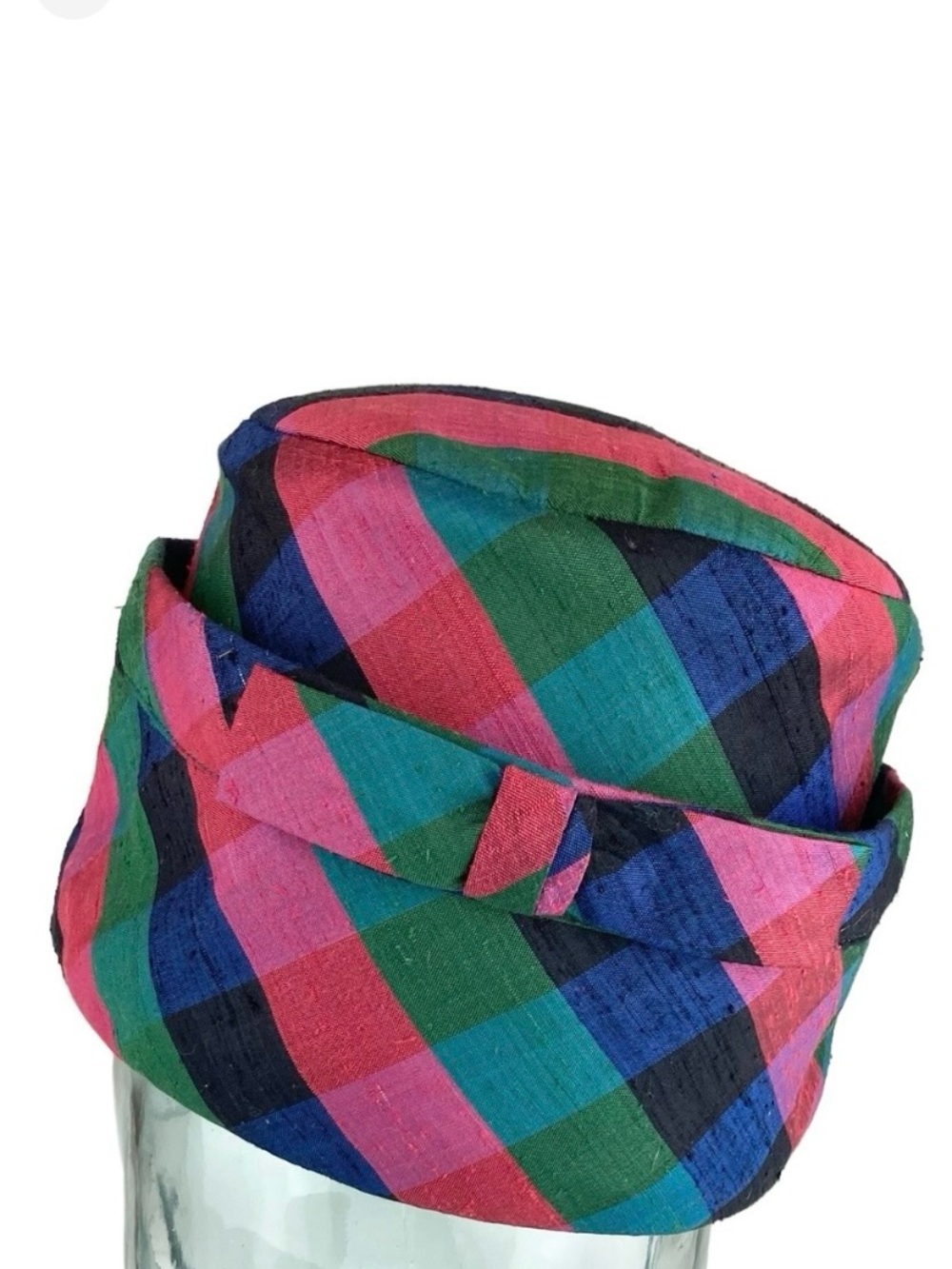 Vintage 60s Multicolored Plaid Rolled Pillbox Hat